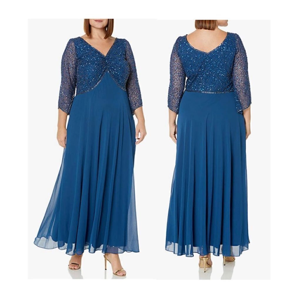 J Kara Women's Plus Size 3/4 Sleeve Beaded V-Neck Ruched Front Empire Long Dress